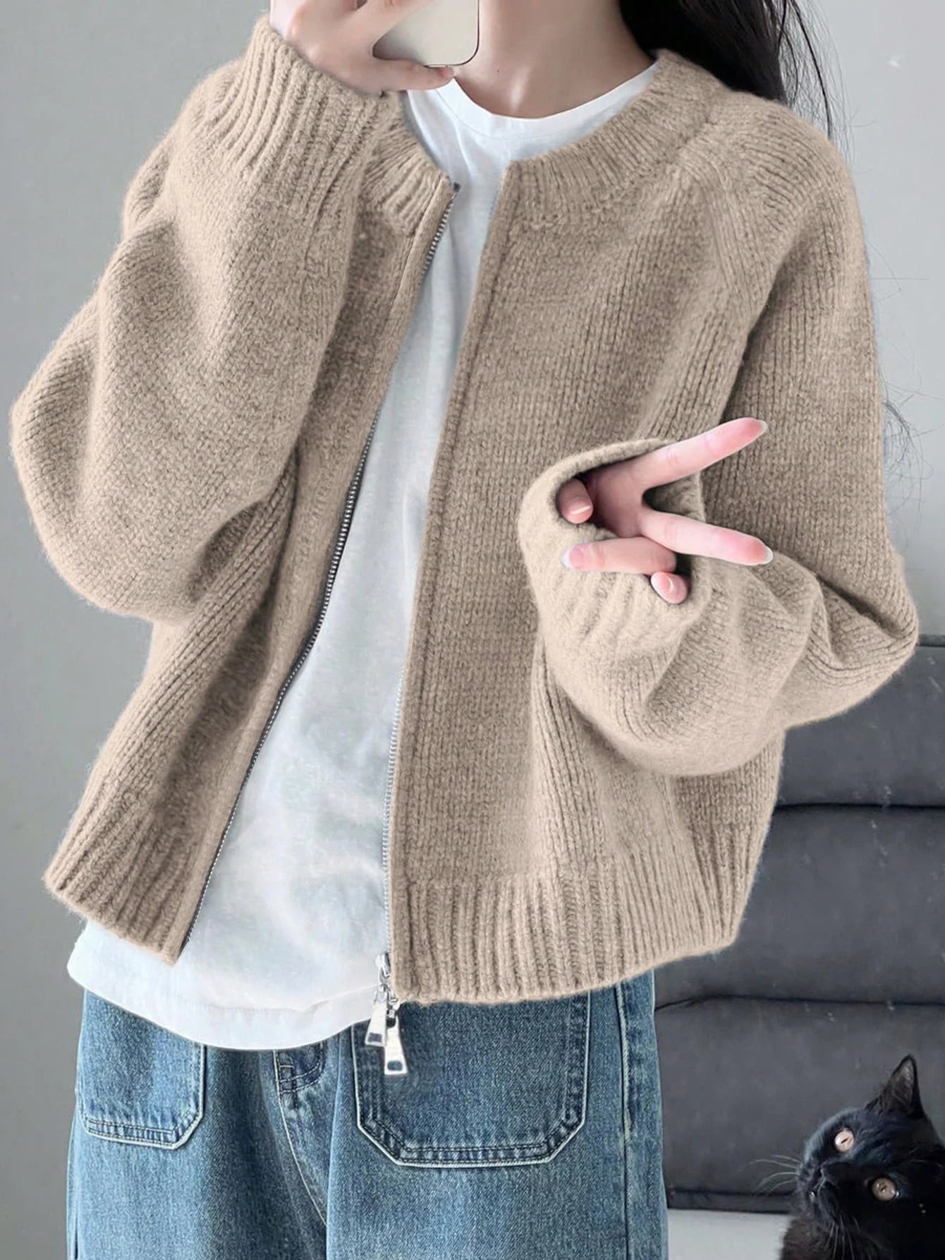 Zipper Knit Cardigan For Women Casual Autumn Winter Jacket