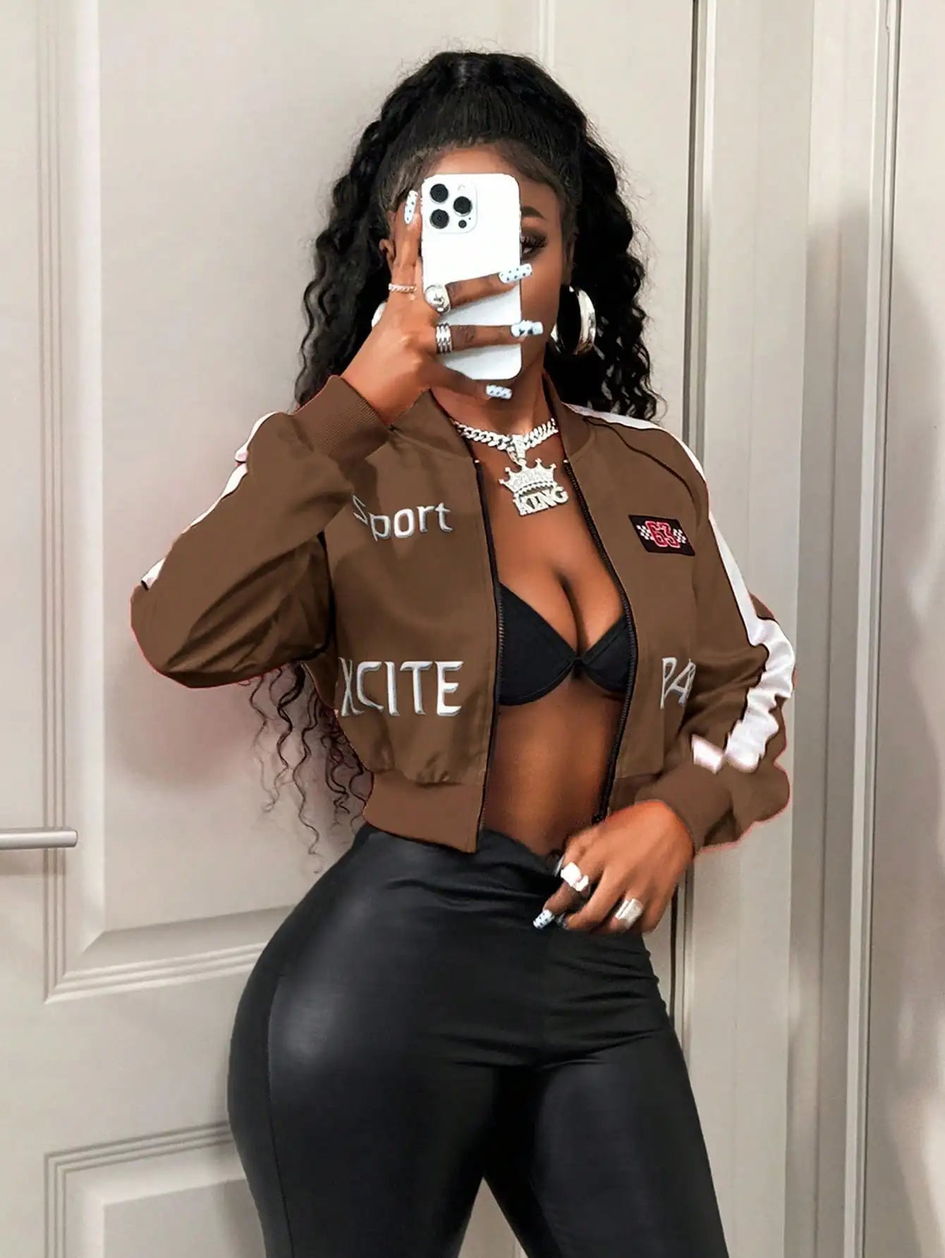Zip-Up Street Style Bomber Jacket With Stripes Letter Print