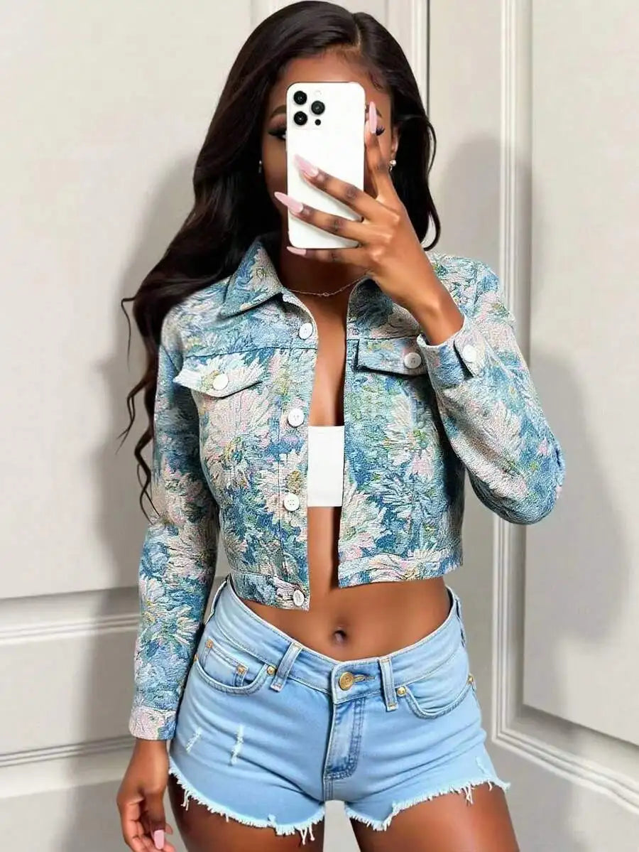 Retro Floral Jacquard Cropped Jacket Women Slim Fit Button Front
