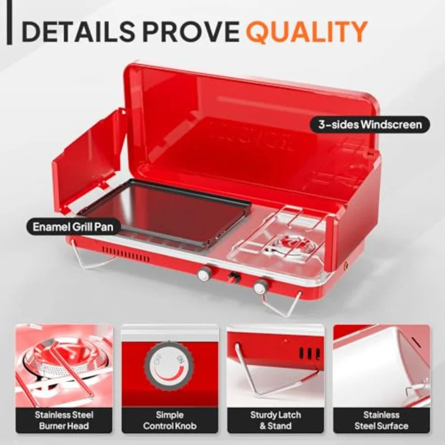 XMSJ 2-in-1 Portable Camping Stove Propane Grill With Enamel Griddle