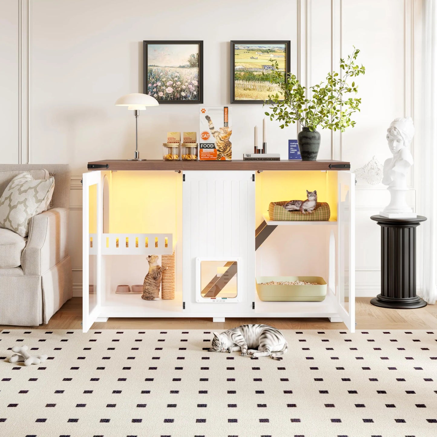 Cat House Hidden Litter Box Enclosure With Led Light Doors