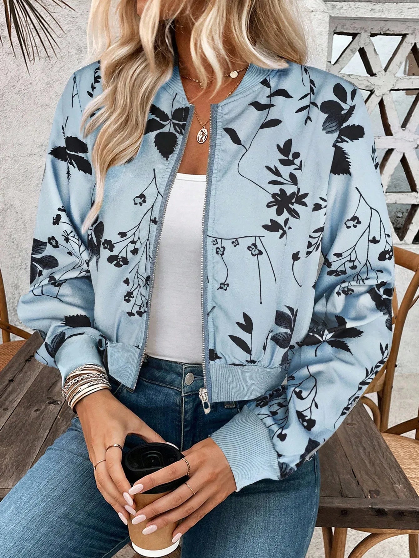 Floral Print Zip-Up Baseball Jacket For Women Casual Bomber Coat