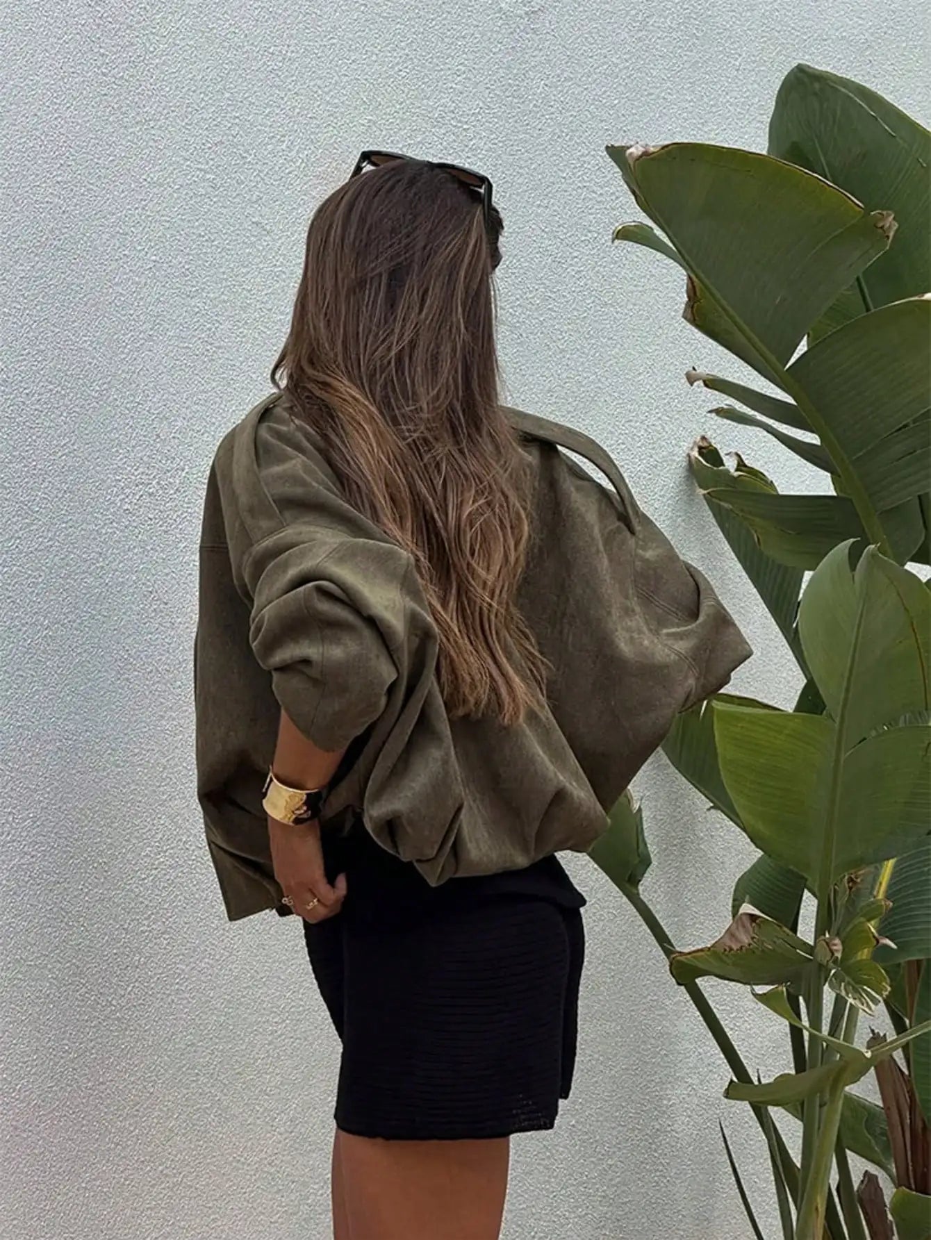 Suede Bomber Jacket For Women With Zipper Front Casual Streetwear