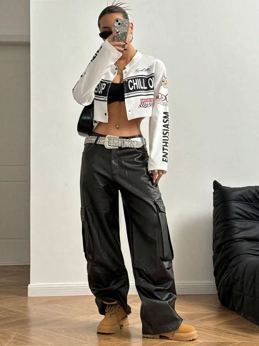 Womens Cropped Streetwear Jacket With Bold Letter Print Racing Stripe