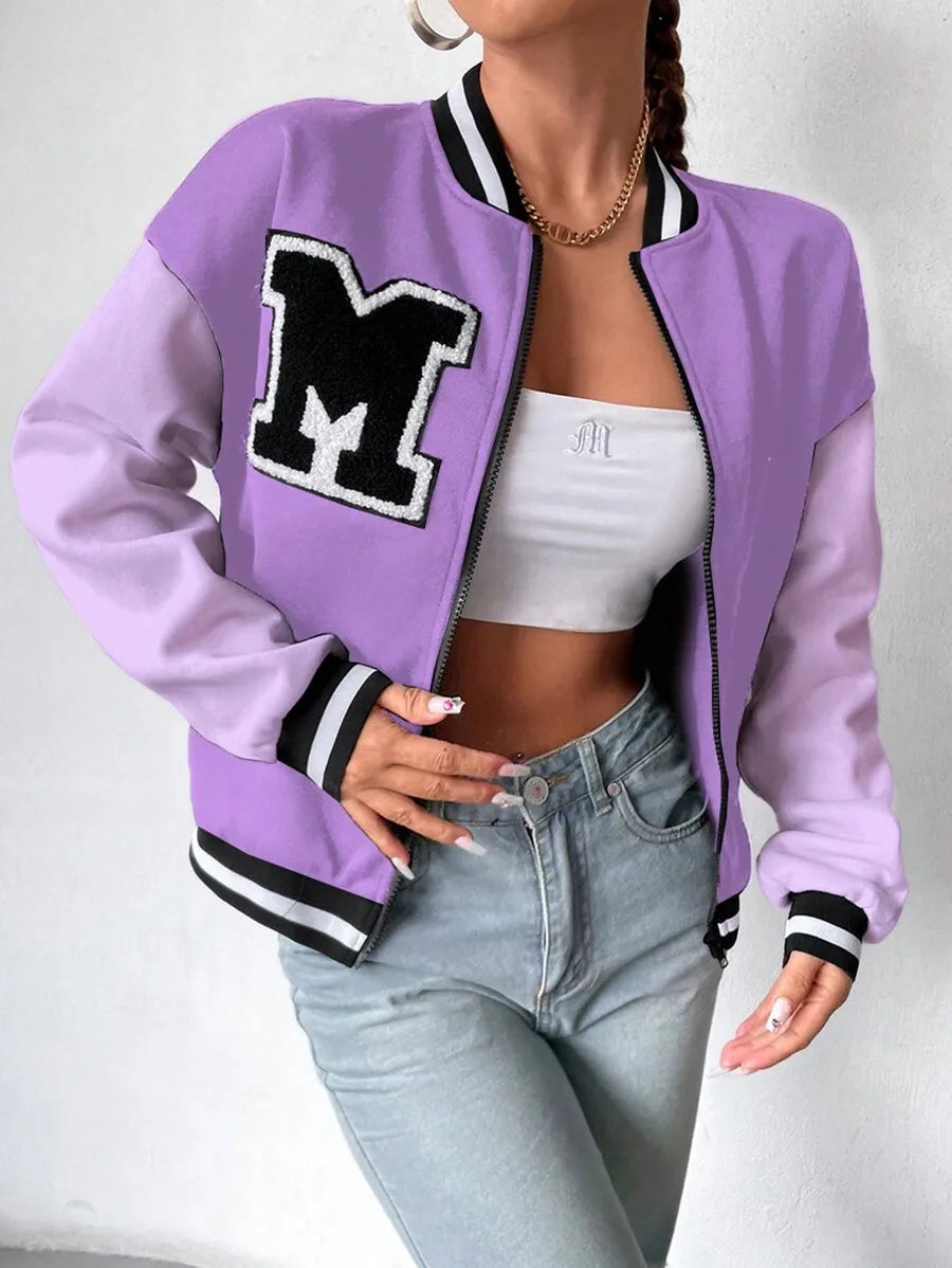 Women Letter Applique Baseball Jacket With Zipper Closure