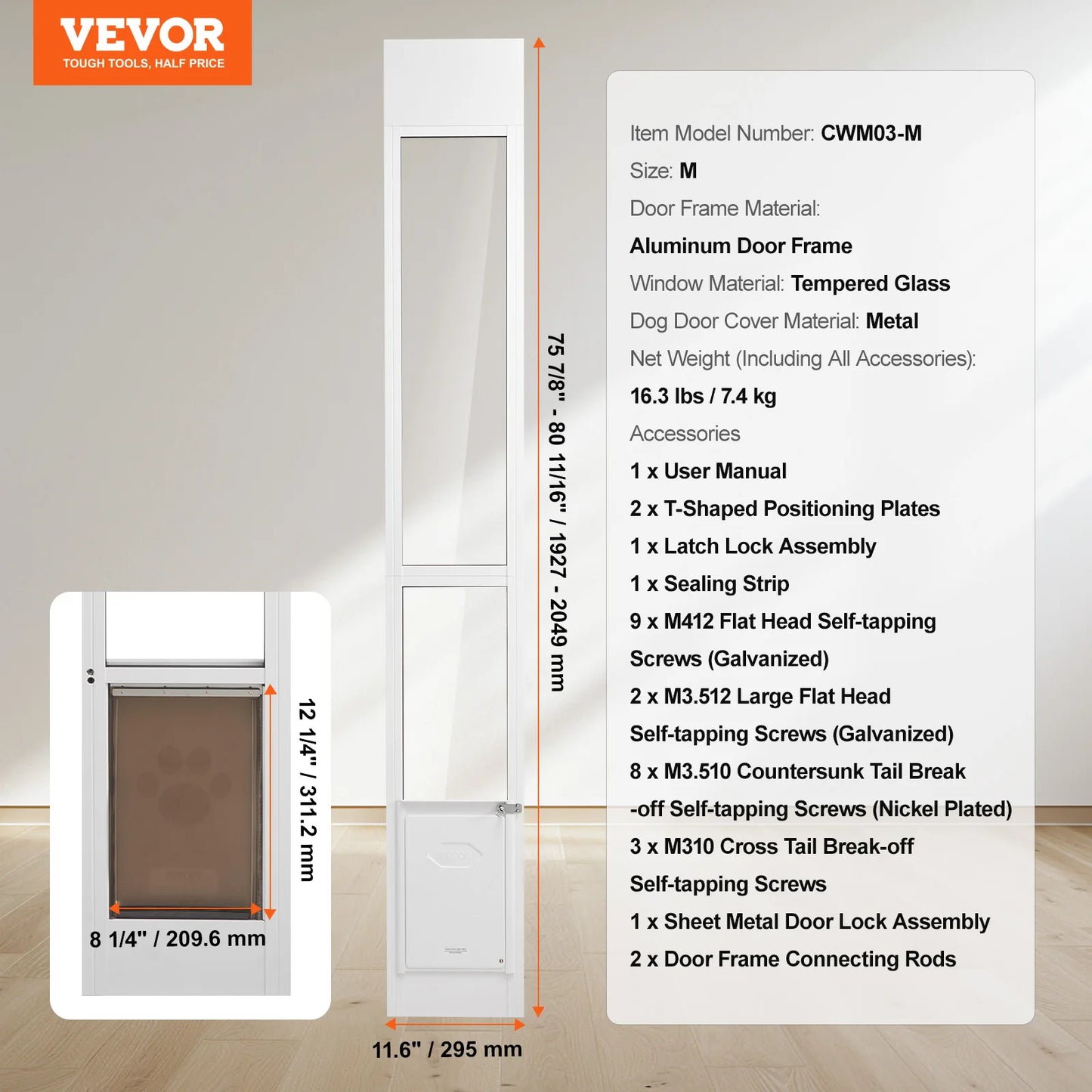 NONEDogDoor Sliding Glass Dog Door With Adjustable Height Aluminum Frame