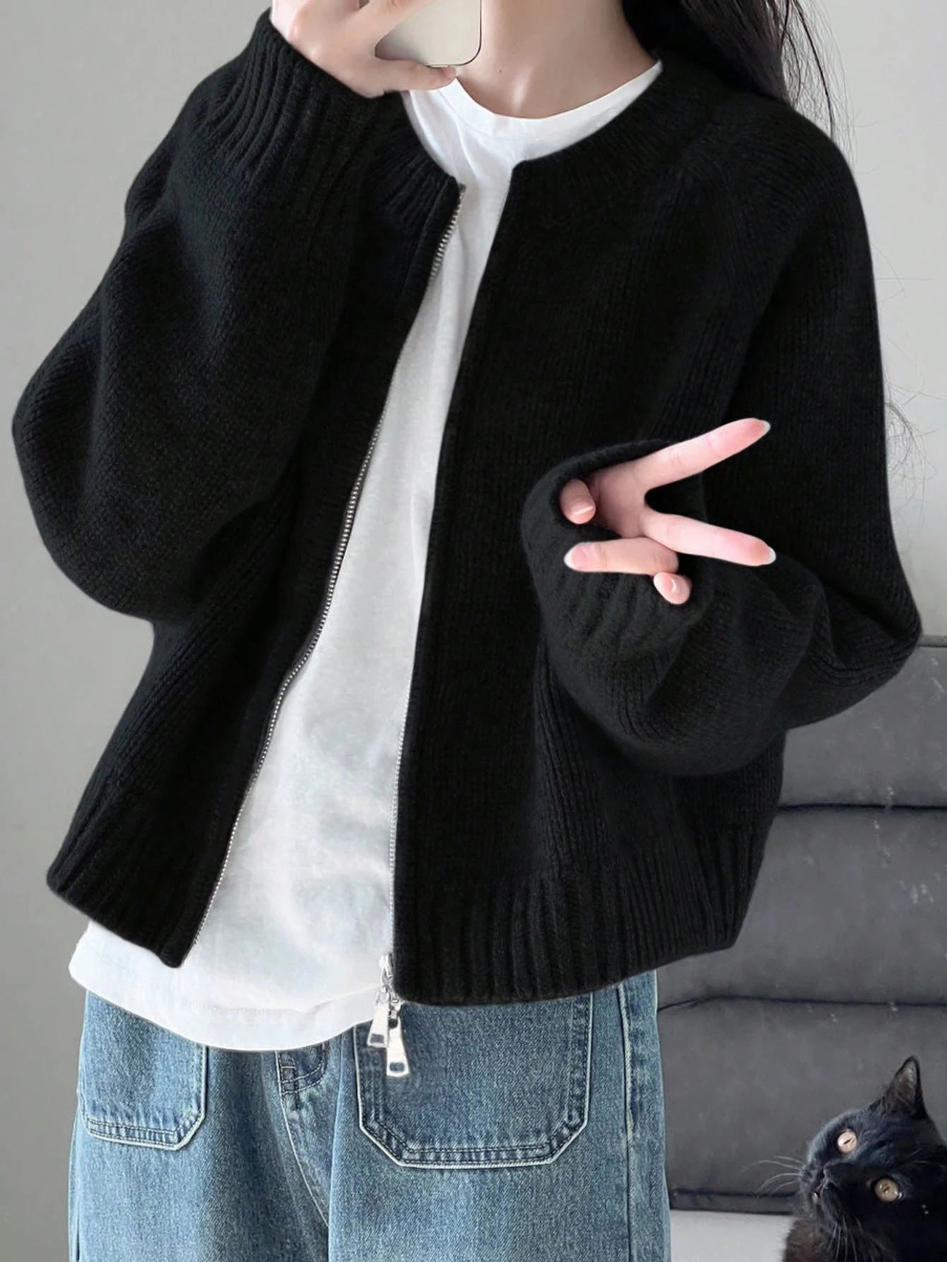 Zipper Knit Cardigan For Women Casual Autumn Winter Jacket