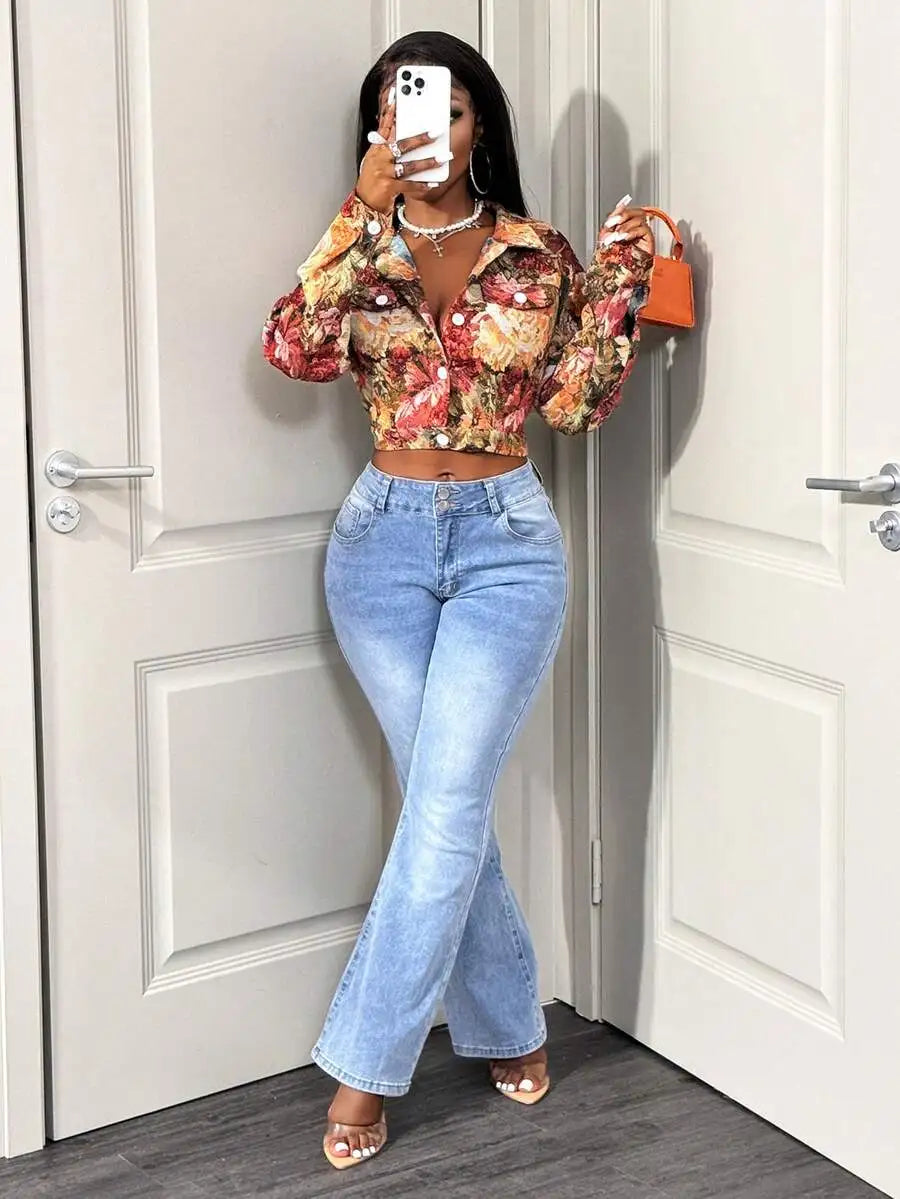 Retro Floral Jacquard Cropped Jacket Women Slim Fit Button Front