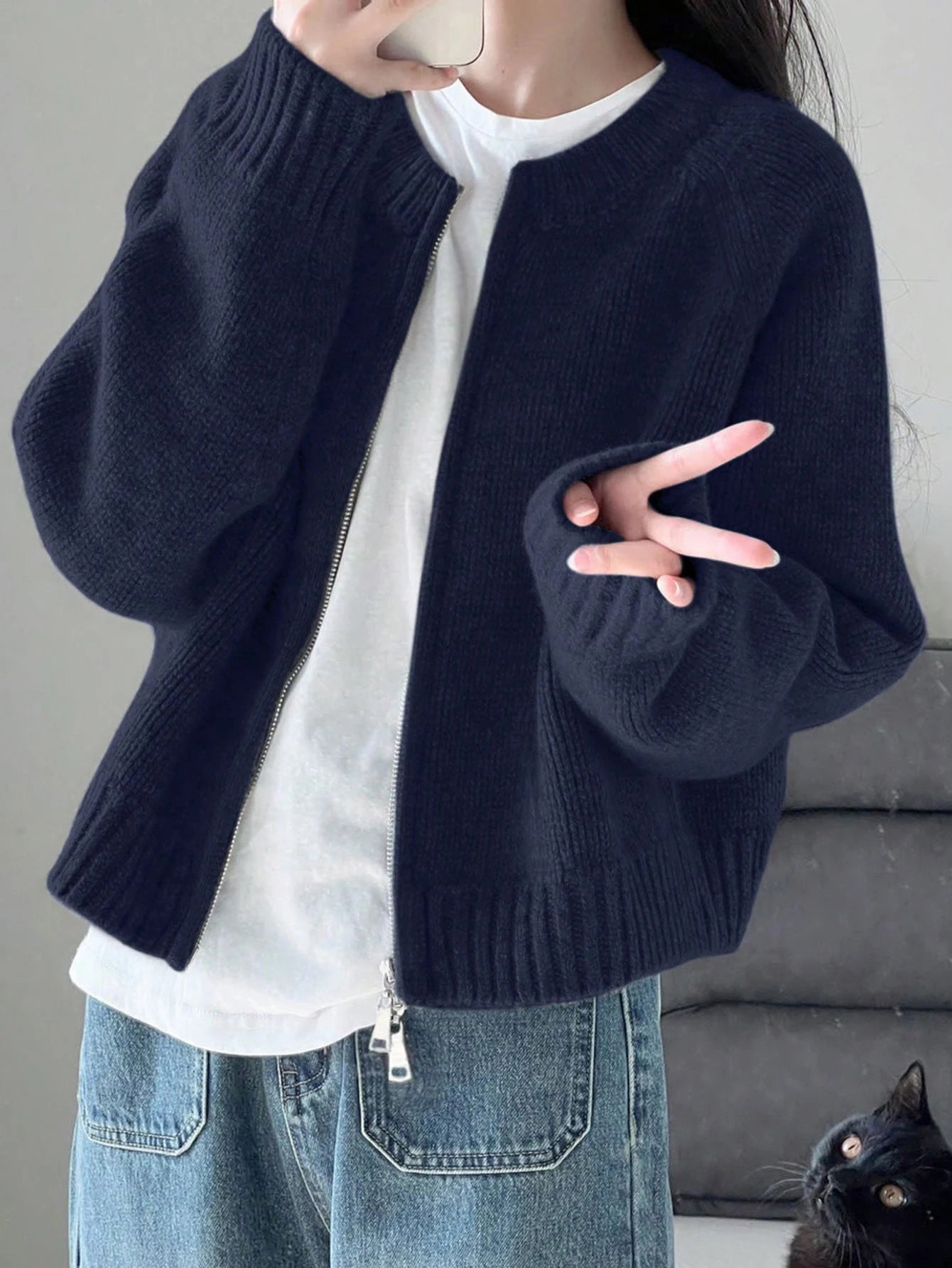 Zipper Knit Cardigan For Women Casual Autumn Winter Jacket