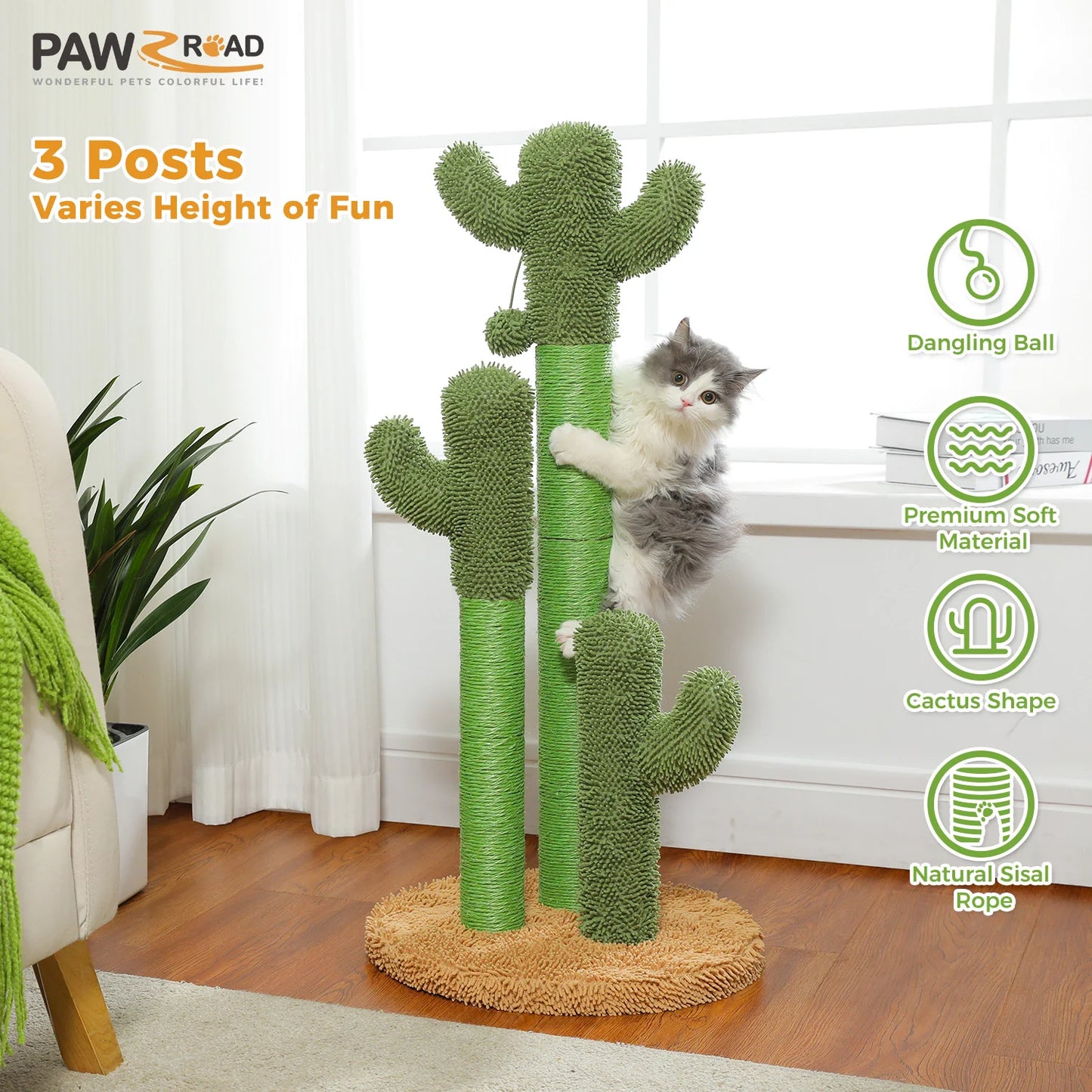 PAWZ Road Cactus Cat Scratching Post With Sisal Poles And Dangling Ball Toys