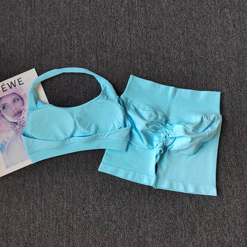Two Piece Womens Seamless Yoga Set With High Waist Shorts