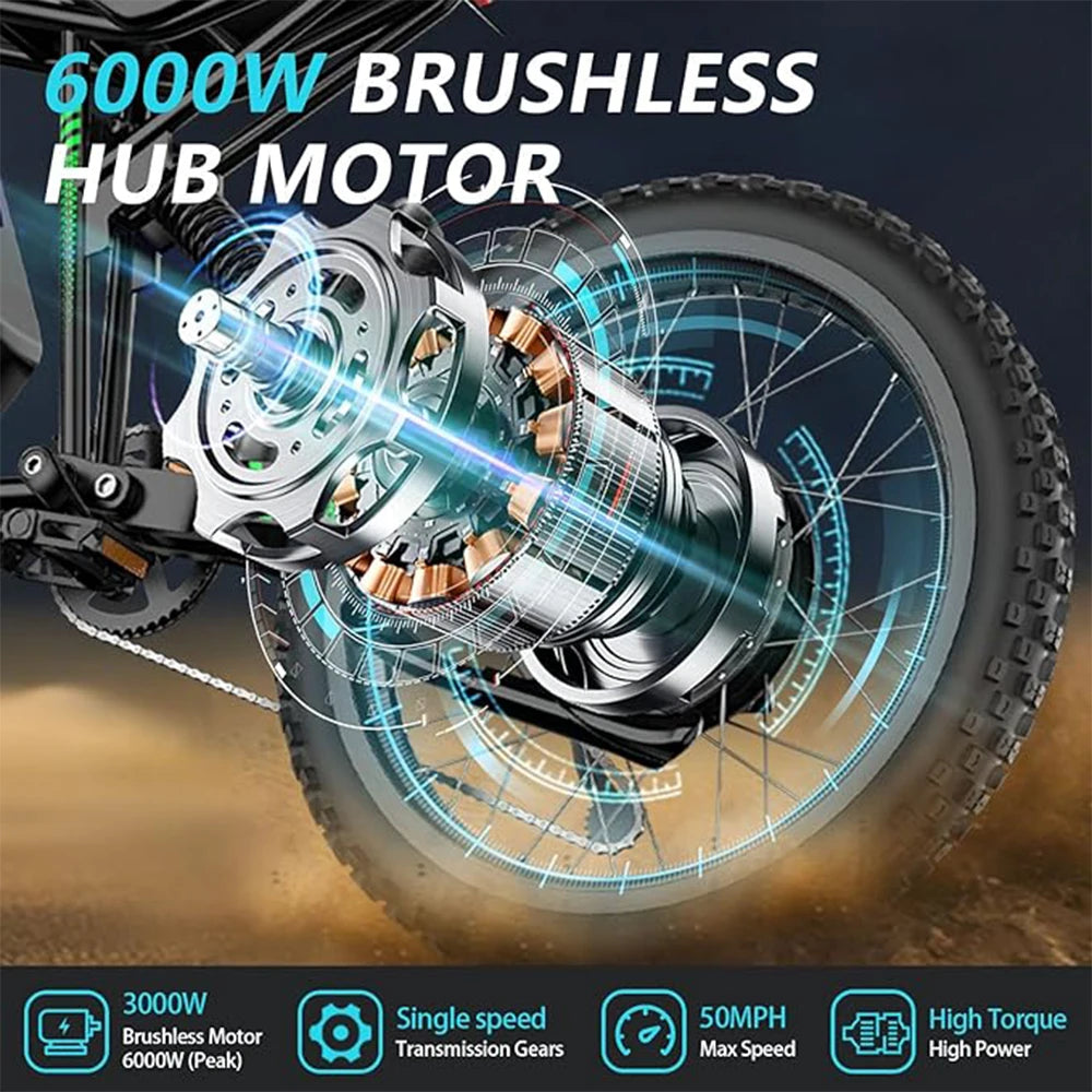 60V 6000W Electric Dirt Bike 50 Mile Range Full Suspension