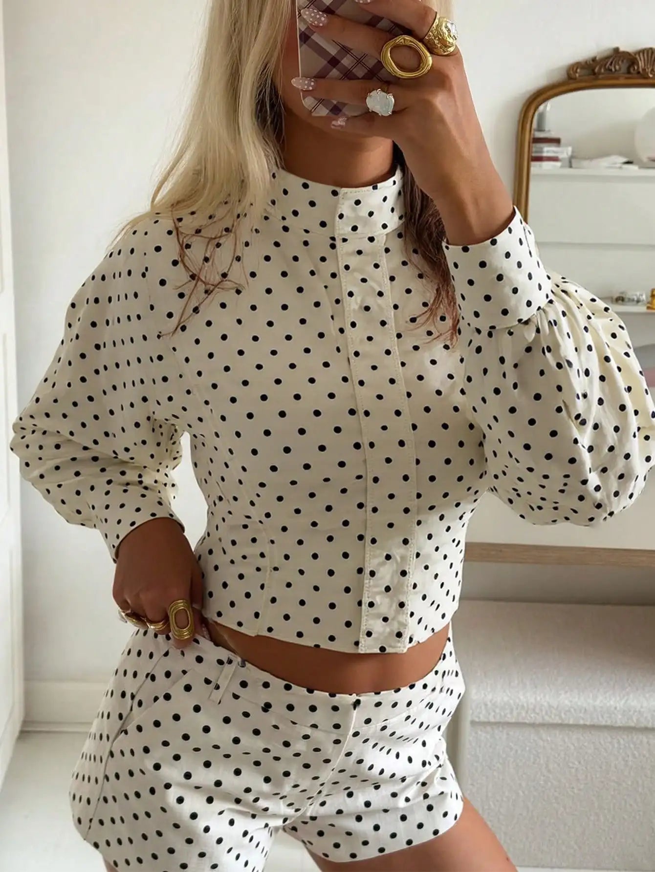 Retro Polka Dot Stand Collar Crop Jacket With Puff Sleeves