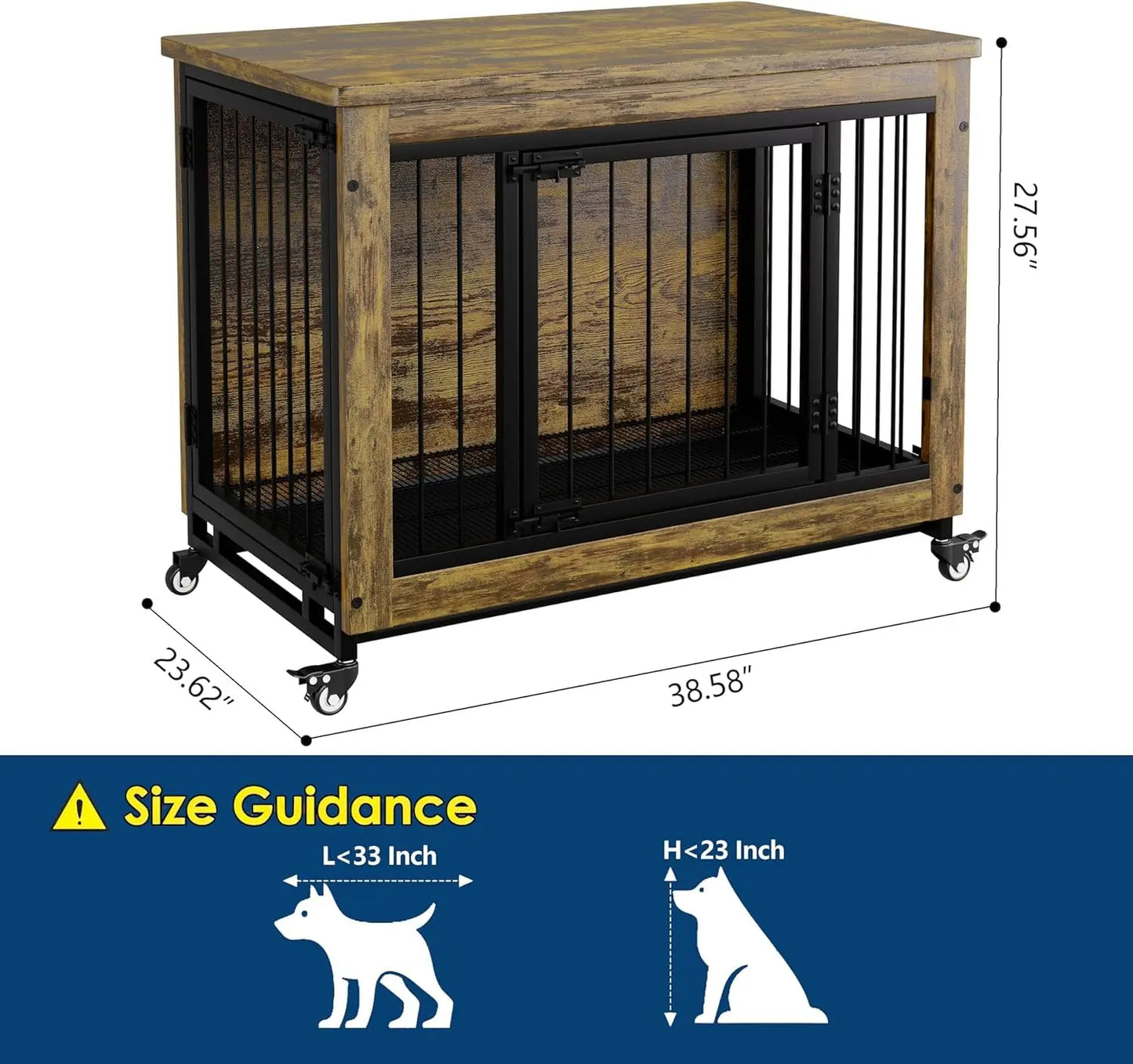 HiMISS 3-Door Wooden Dog Crate Furniture With Wheels