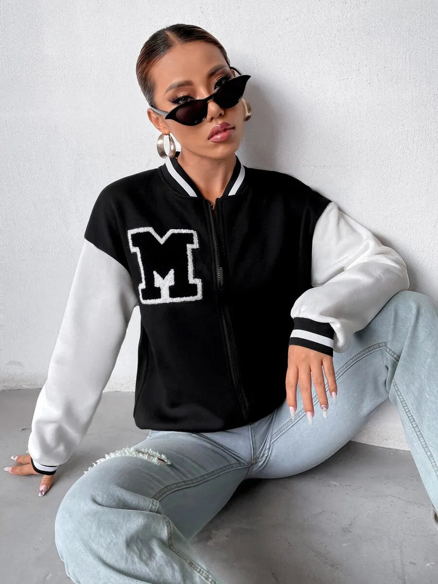 Women Letter Applique Baseball Jacket With Zipper Closure