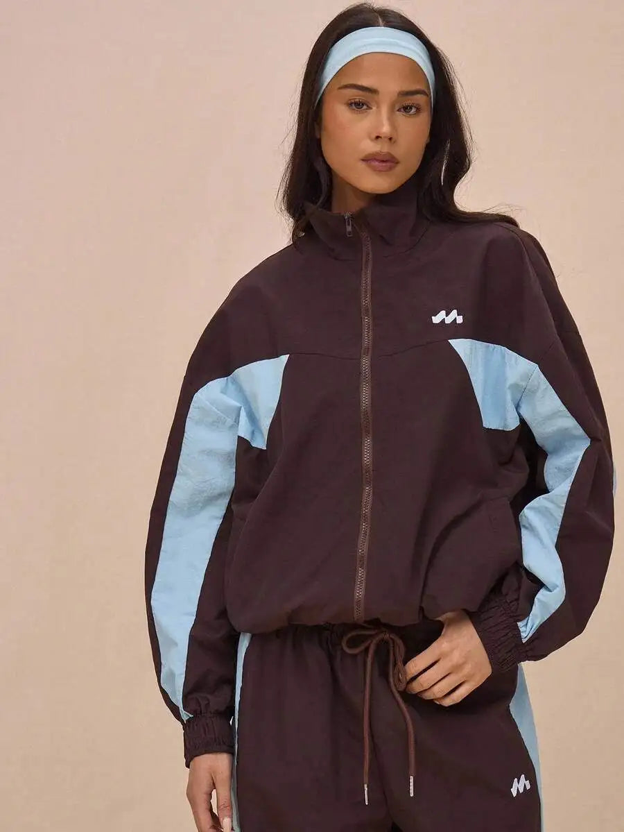 Nylon Track Jacket With Contrast Panels Full Zip Sporty