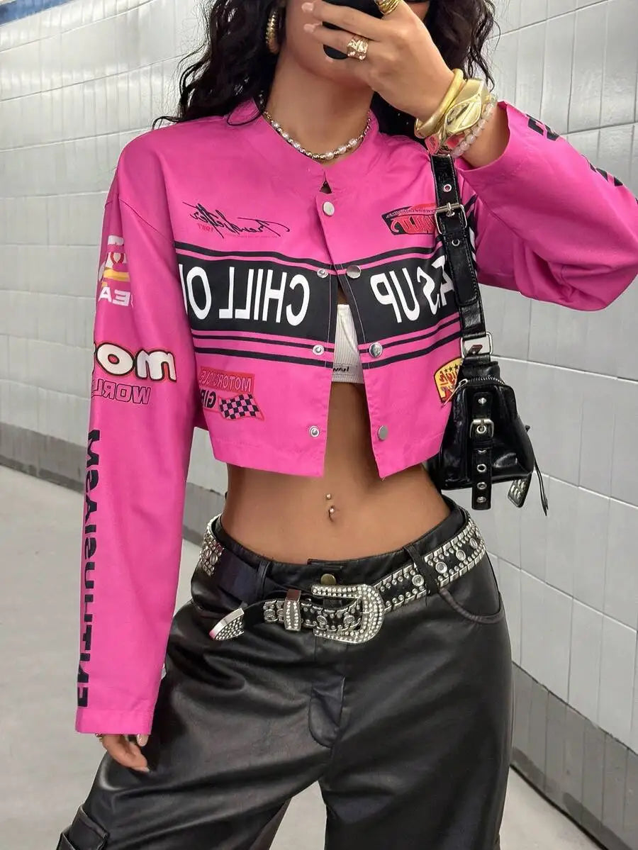 Womens Cropped Streetwear Jacket With Bold Letter Print Racing Stripe
