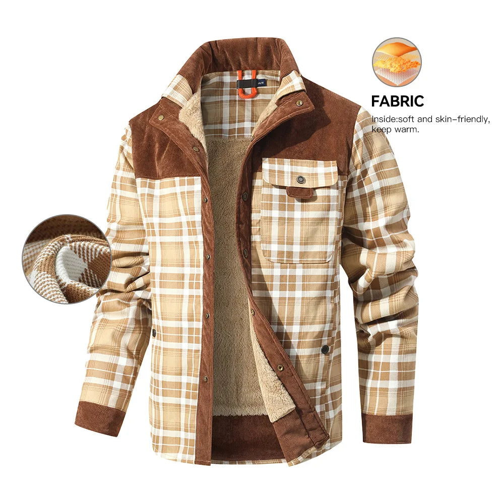 NONECN Mens Winter Windproof Bomber Jacket Plaid Sherpa Lining