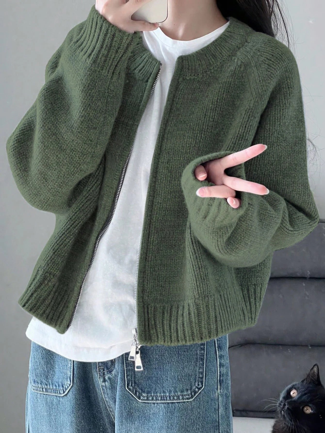 Knit Zipper Cardigan For Women With Ribbed Cuffs And Hem