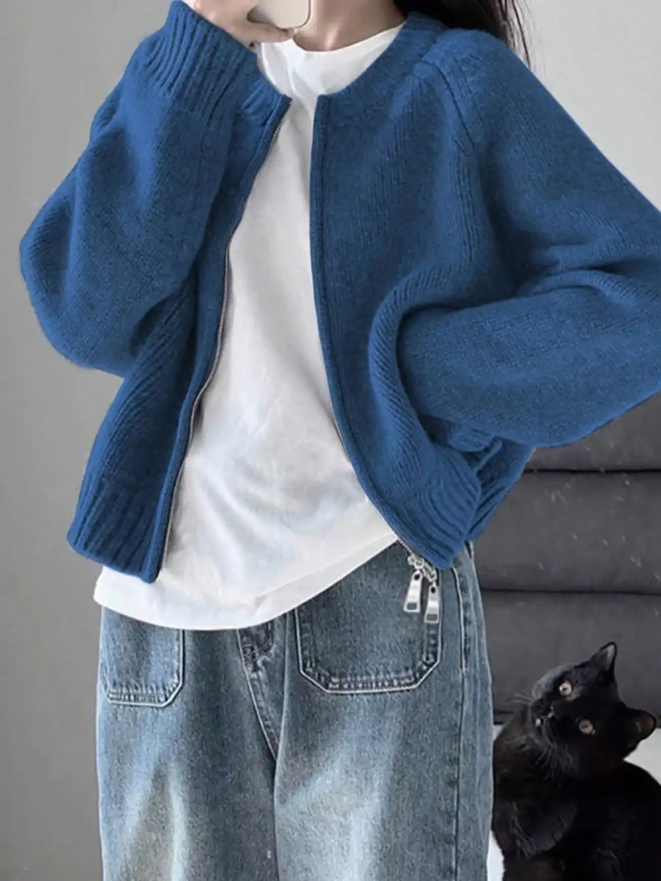 Knit Zipper Cardigan For Women With Ribbed Cuffs And Hem