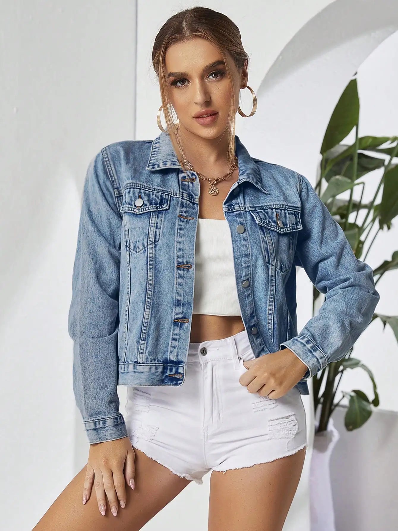 Washed Cropped Denim Jacket For Women, Casual Spring Autumn Style
