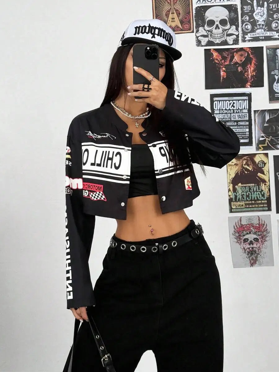 Womens Cropped Streetwear Jacket With Bold Letter Print Racing Stripe