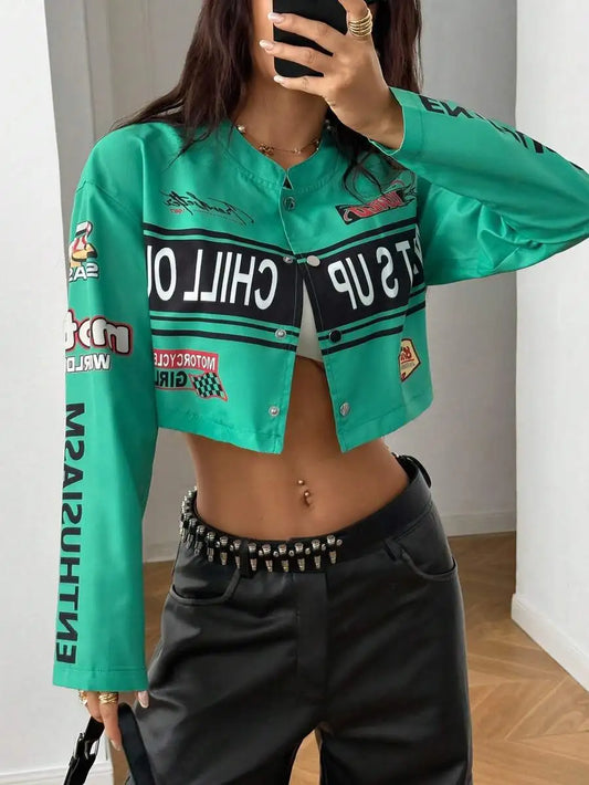 Womens Cropped Streetwear Jacket With Bold Letter Print Racing Stripe