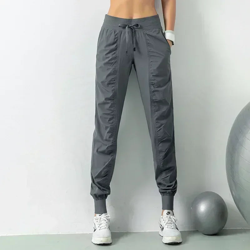 Fabric Drawstring Running Sport Joggers Women Quick Dry Athletic Gym Fitness Sweatpants with Side Pockets Leisure Exercise Pants