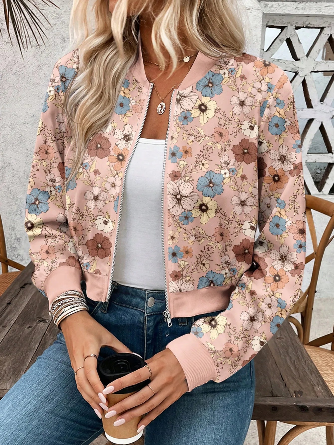 Floral Print Zip-Up Baseball Jacket For Women Casual Bomber Coat