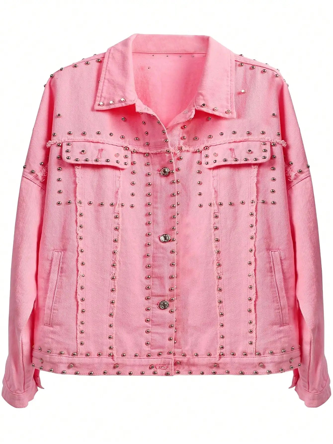 Studded Crop Denim Jacket For Women With Frayed Edges