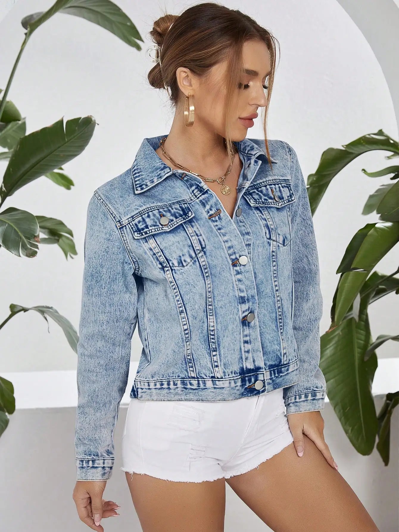 Washed Cropped Denim Jacket For Women, Casual Spring Autumn Style