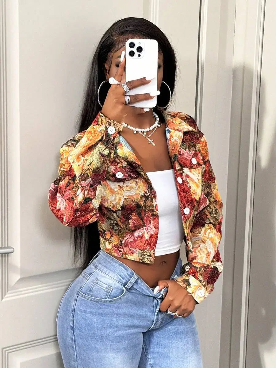 Retro Floral Jacquard Cropped Jacket Women Slim Fit Button Front