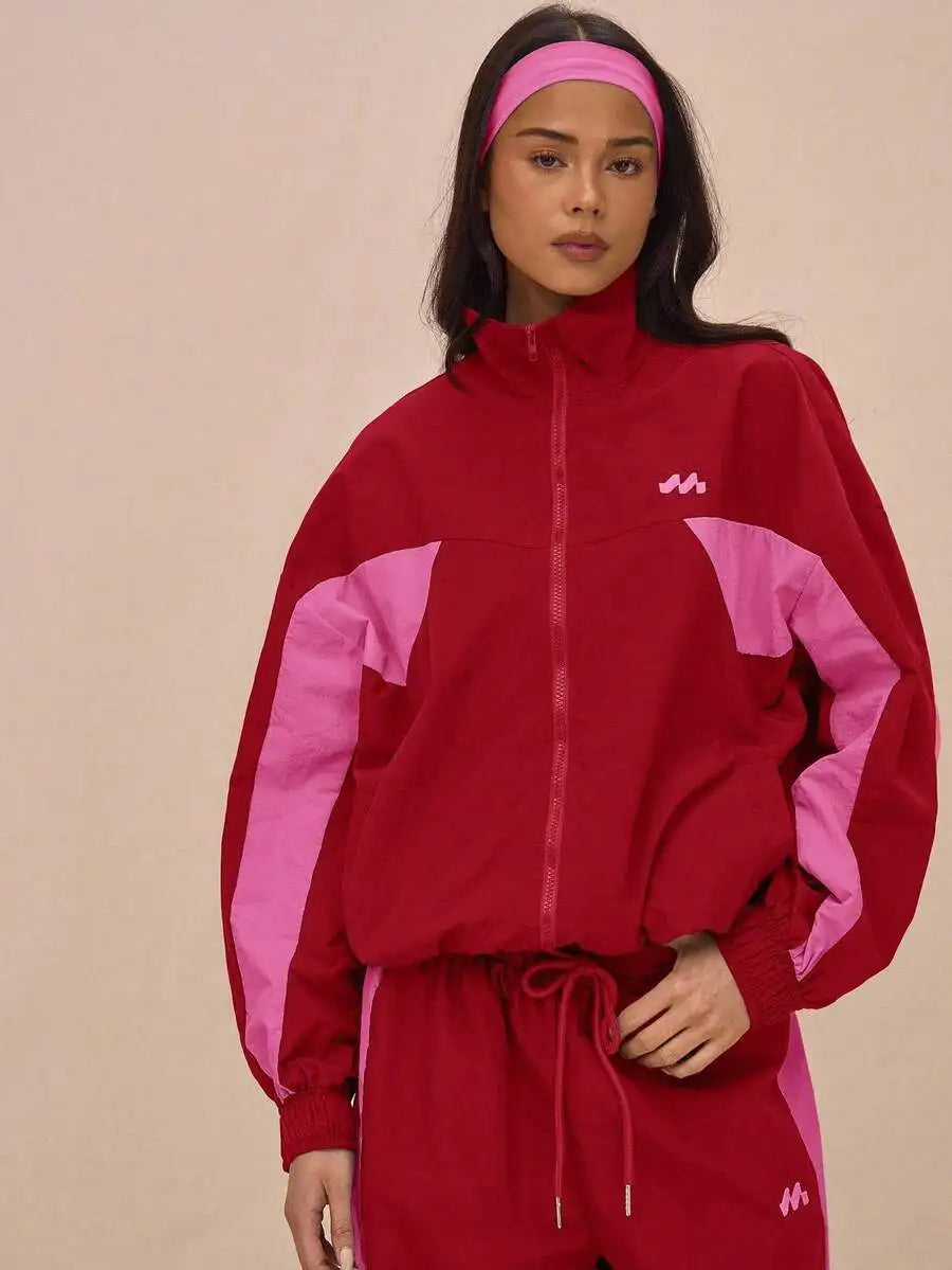 Nylon Track Jacket With Contrast Panels Full Zip Sporty