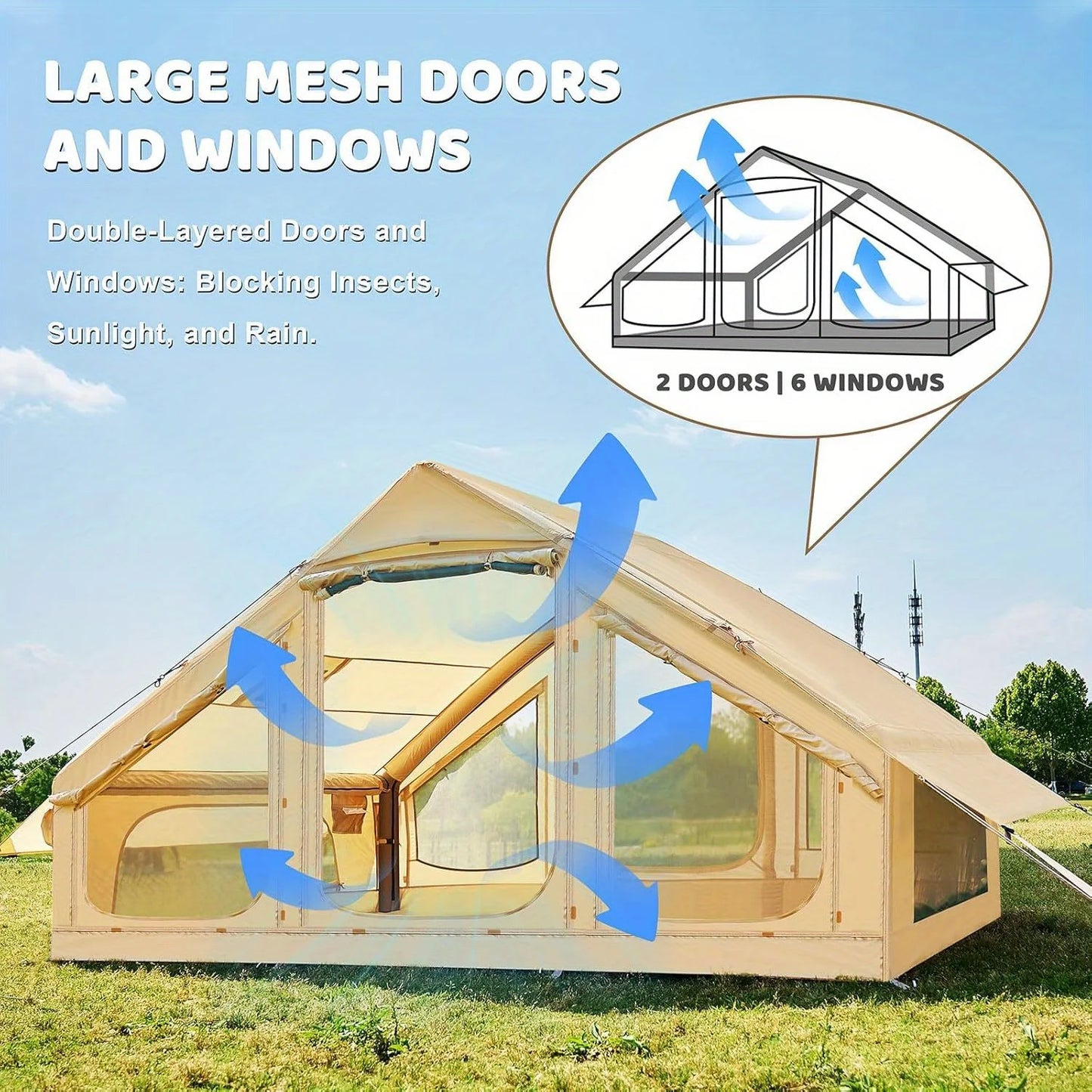 Inflatable Family Camping Tent With Skylight Chimney Waterproof Oxford Cloth