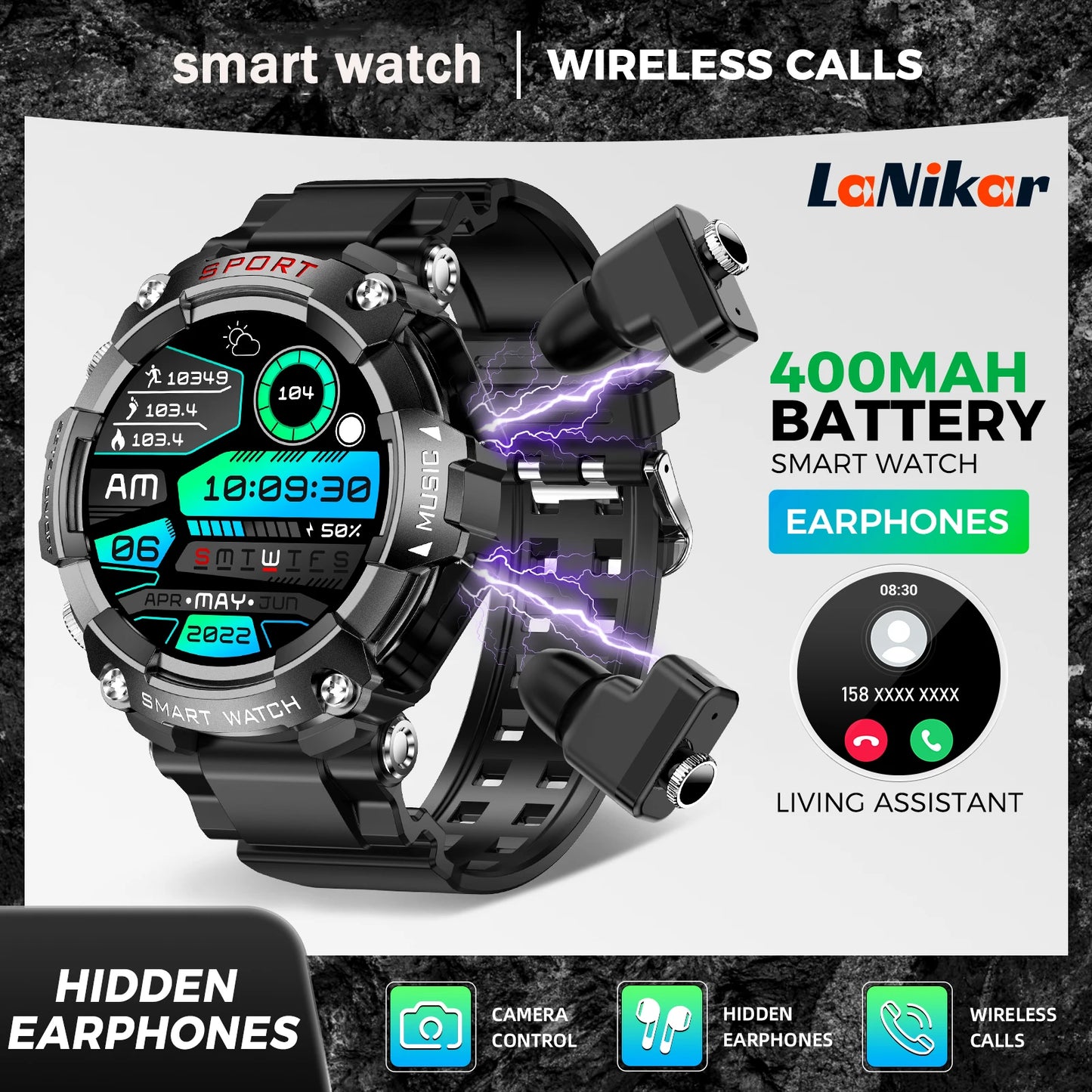 LaNikar Smart Watch With In Ear Bluetooth Headset Health Monitoring