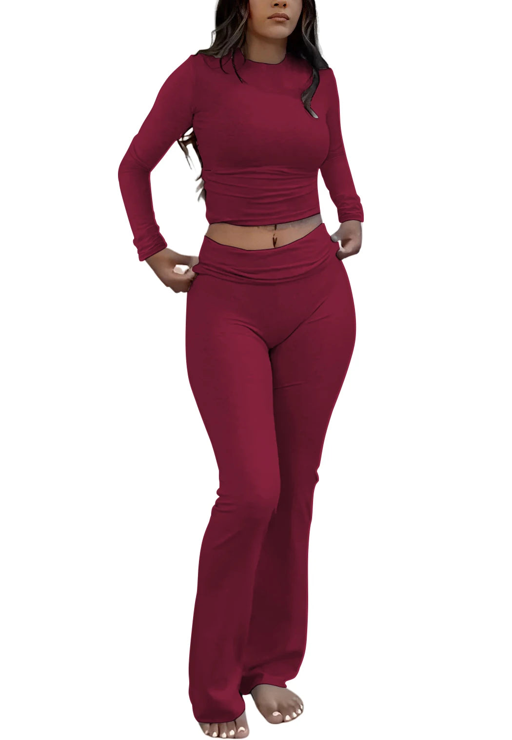 Womens Yoga Two Piece Set Long Sleeve Wide Leg Activewear