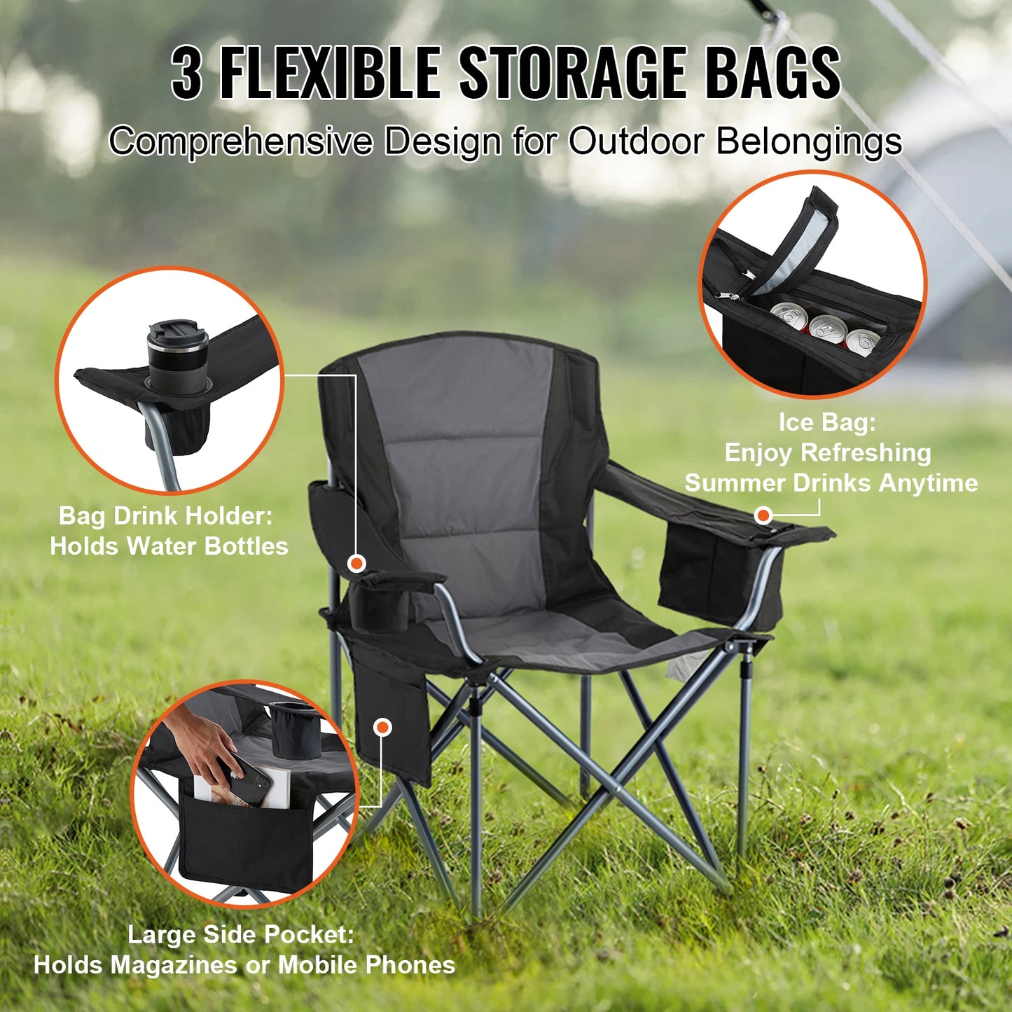 VEVOR Camping Folding Chair With Quad Lumbar And Side Pockets