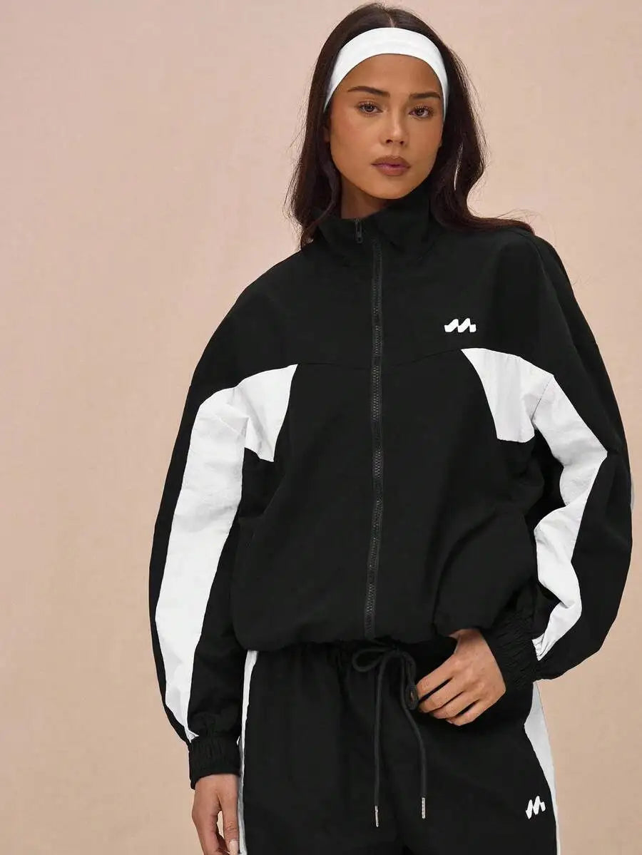 Nylon Track Jacket With Contrast Panels Full Zip Sporty