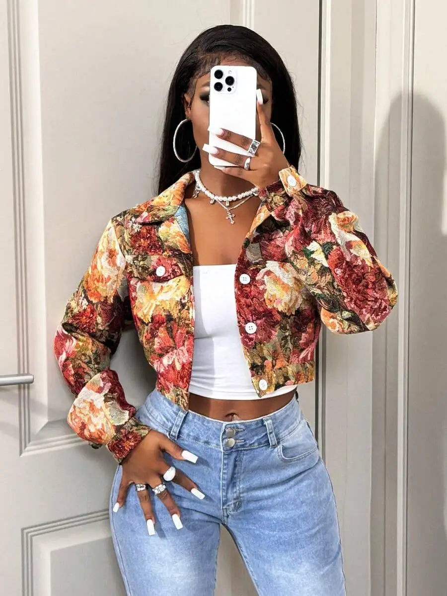 Retro Floral Jacquard Cropped Jacket Women Slim Fit Button Front