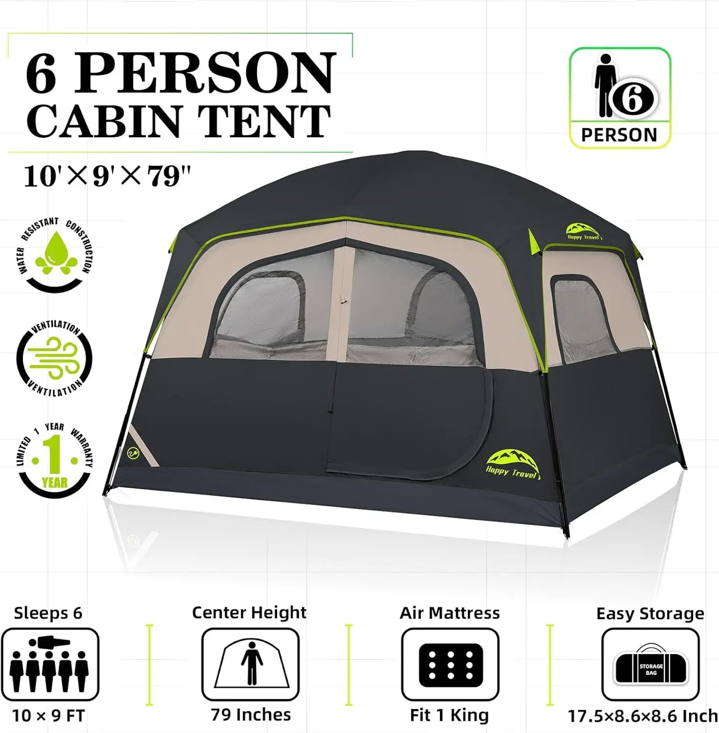 Waterproof Camping Tent With Rainfly Easy Setup Family Cabin