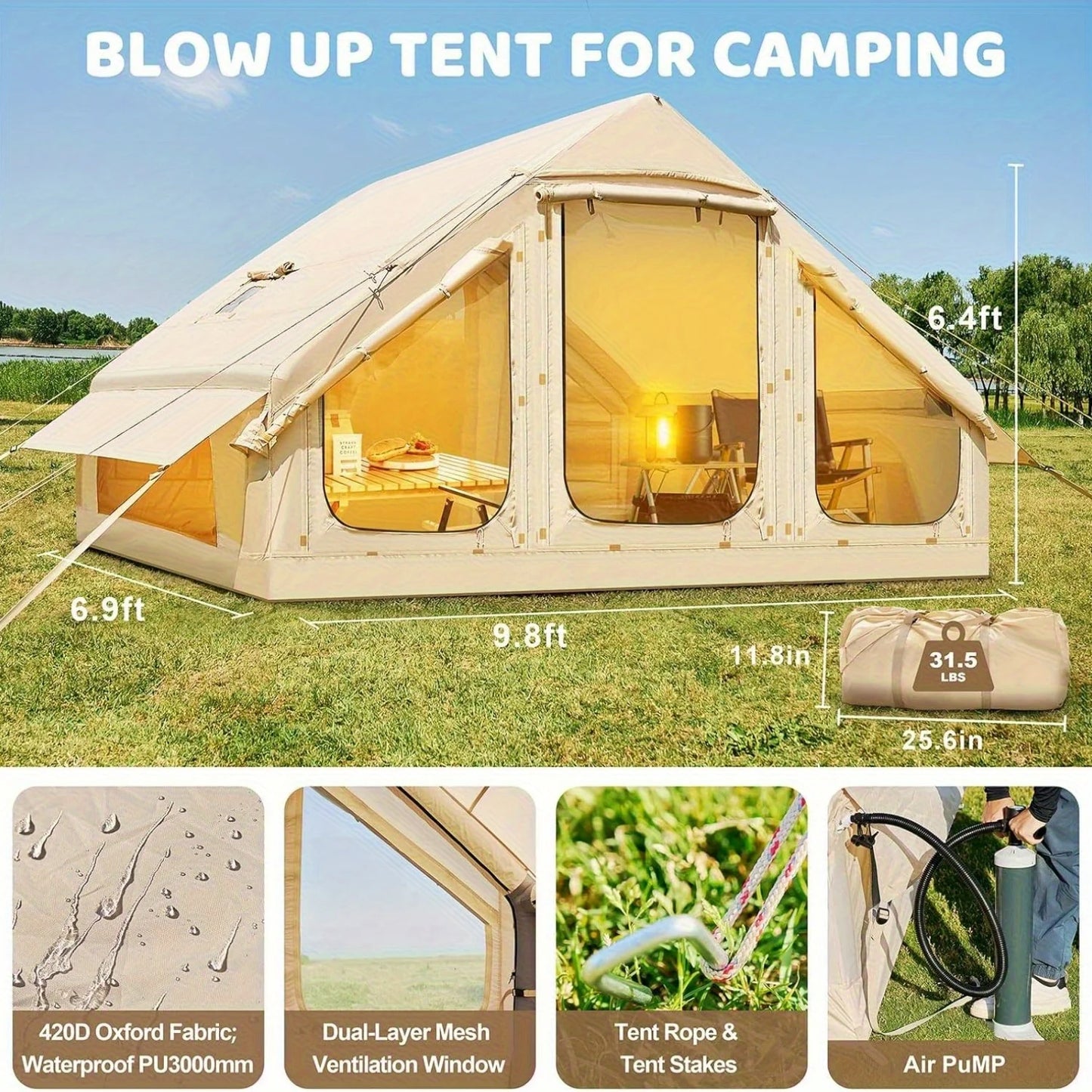 Inflatable Family Camping Tent With Skylight Chimney Waterproof Oxford Cloth