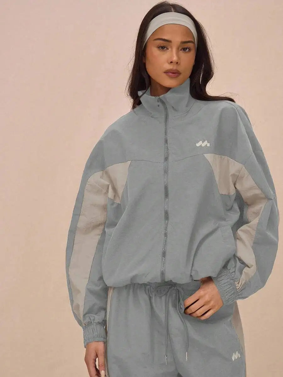 Nylon Track Jacket With Contrast Panels Full Zip Sporty