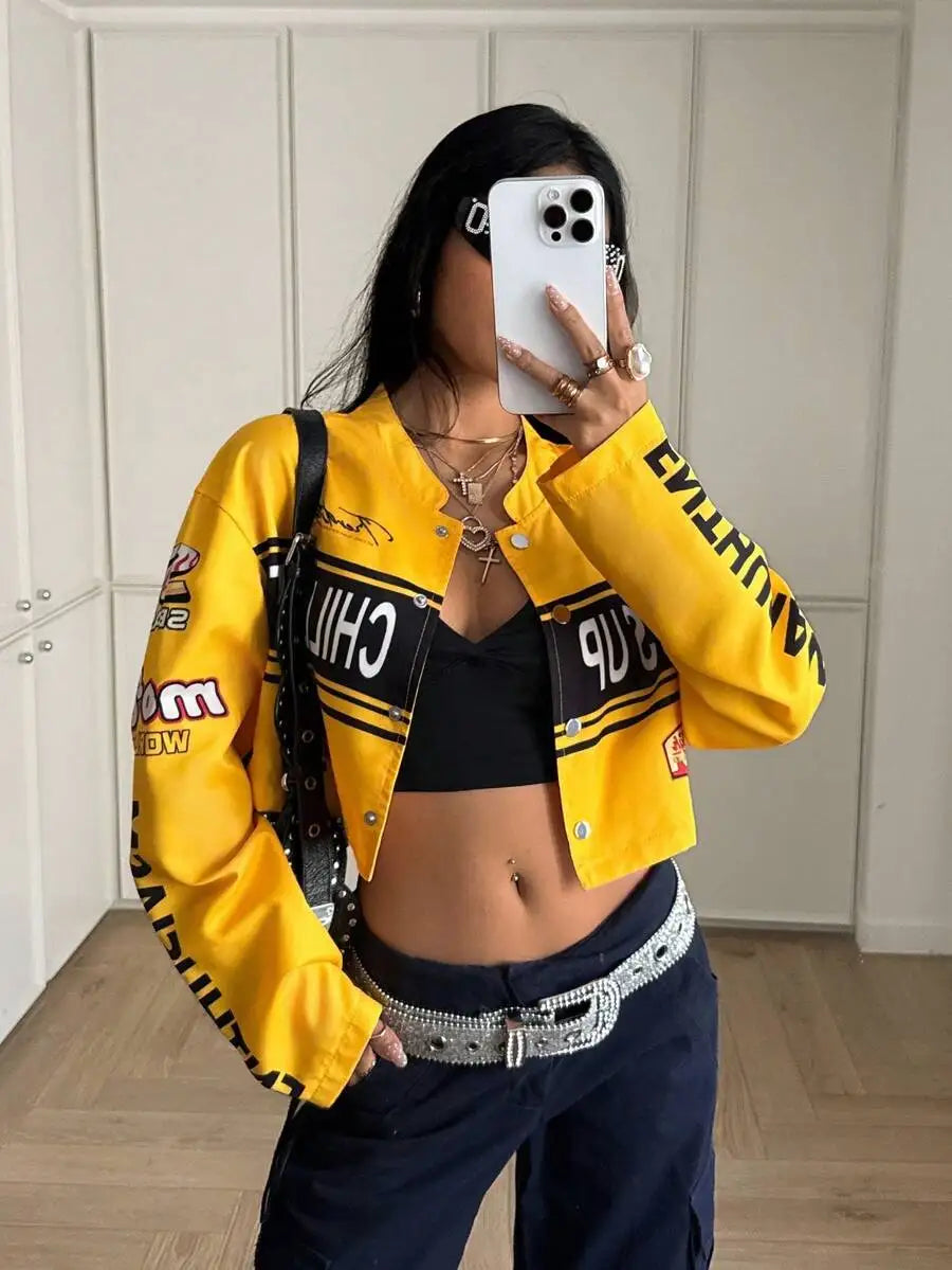 Womens Cropped Streetwear Jacket With Bold Letter Print Racing Stripe