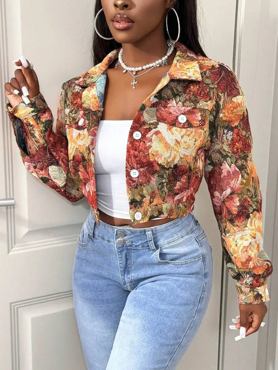 Retro Floral Jacquard Cropped Jacket Women Slim Fit Button Front