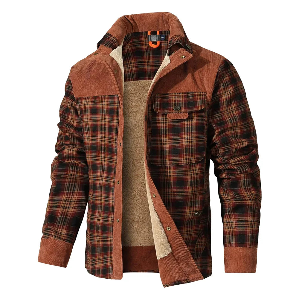 NONECN Mens Winter Windproof Bomber Jacket Plaid Sherpa Lining