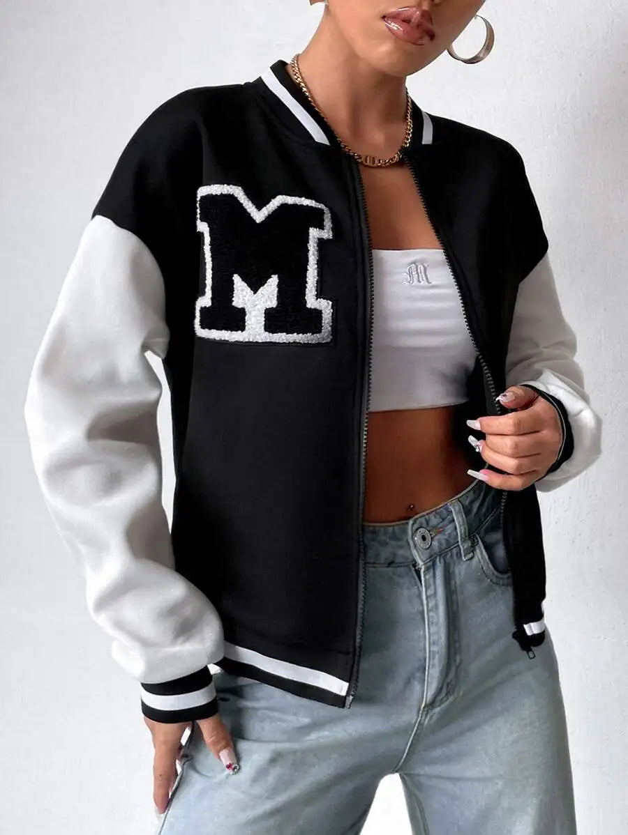 Women Letter Applique Baseball Jacket With Zipper Closure