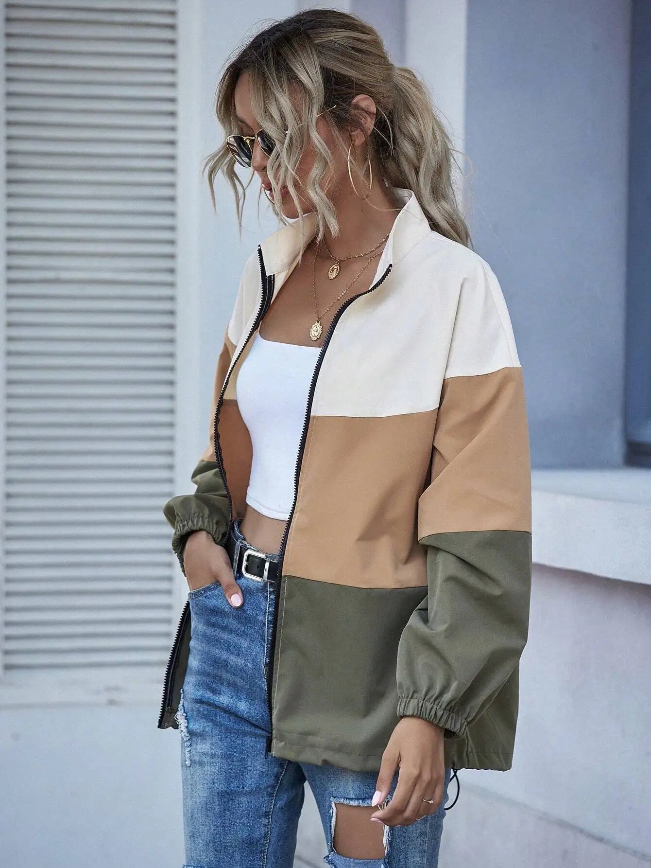Zip-Up Jacket With Drawstring Hem Women's Fall Streetwear