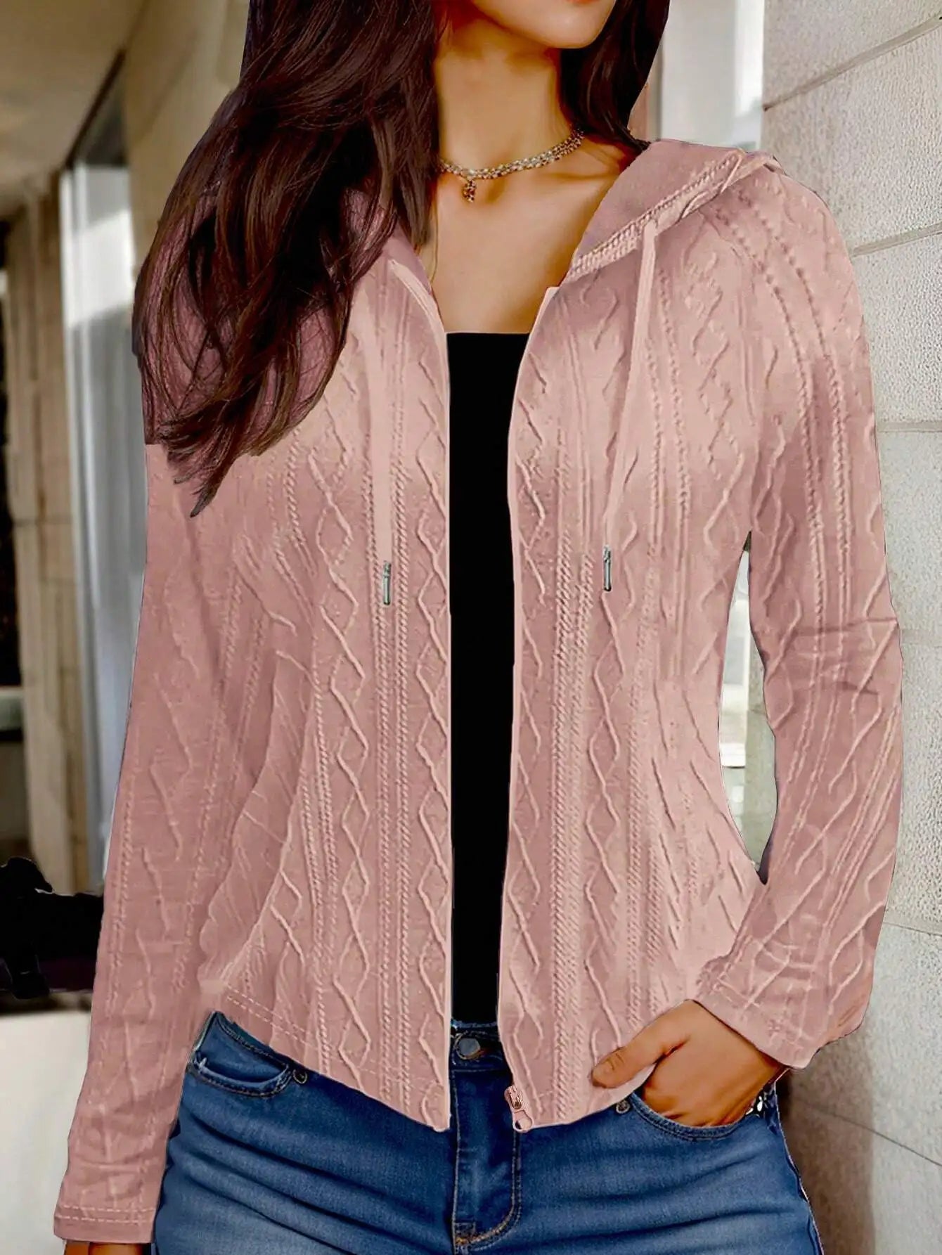 Cable Knit Hooded Zip-Up Jacket for Women With Drawstring
