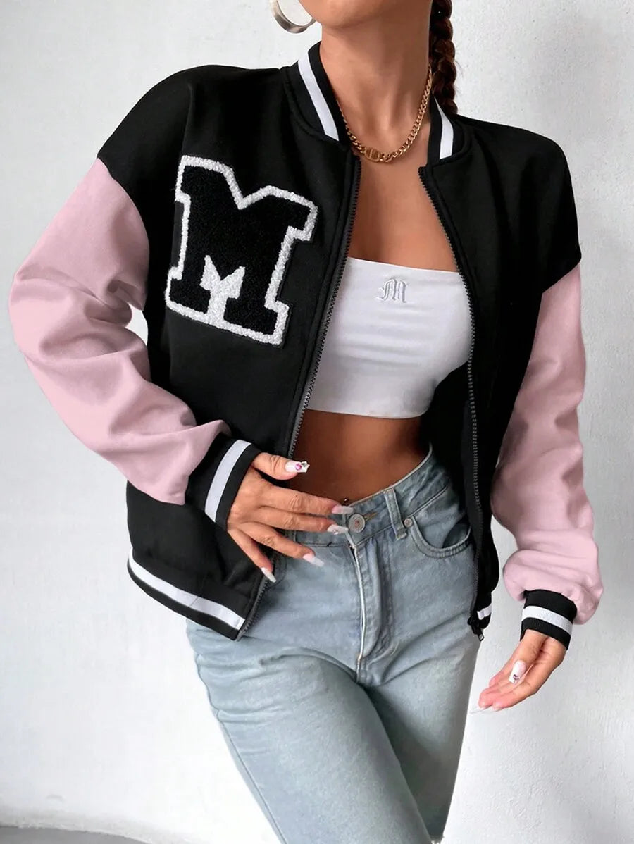Women Letter Applique Baseball Jacket With Zipper Closure