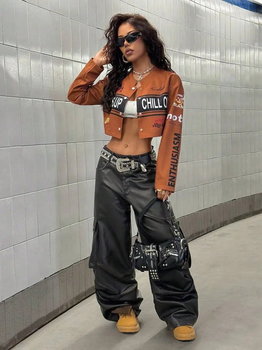 Womens Cropped Streetwear Jacket With Bold Letter Print Racing Stripe